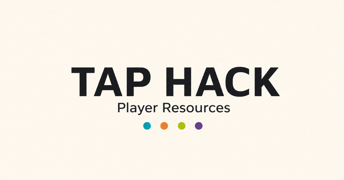 Tap Hack Player Resources title with four colored game dots on a light wave pattern